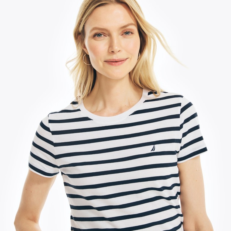 Women's Nautica Striped Crewneck T Shirts Blue | uIlz27L9