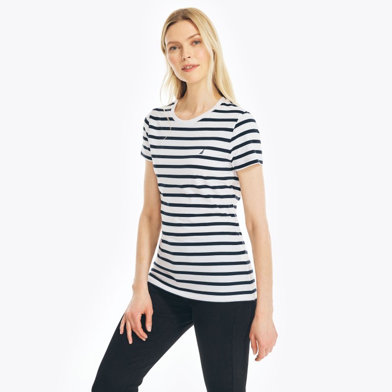 Women\'s Nautica Striped Crewneck T Shirts Blue | uIlz27L9