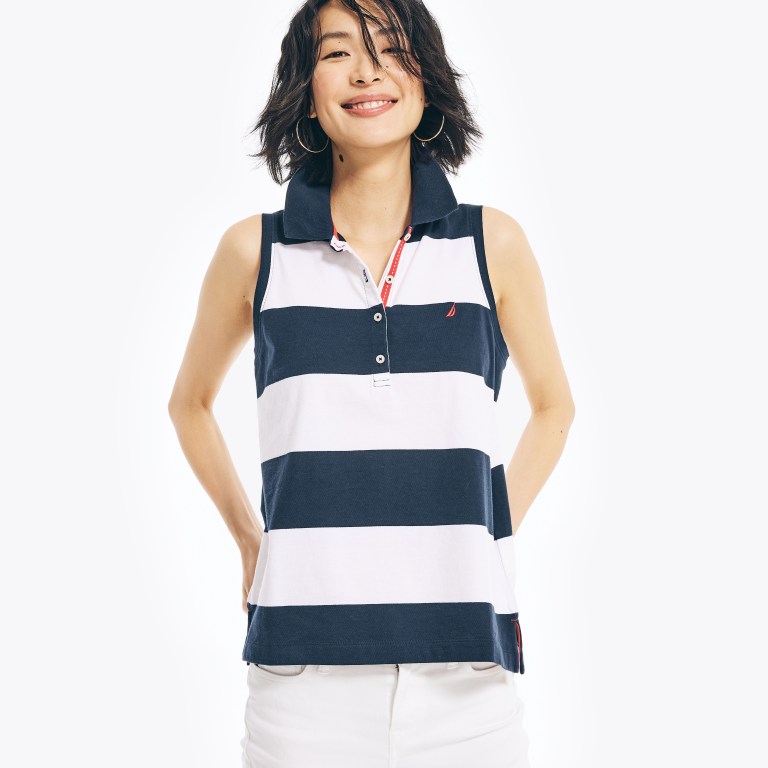 Women's Nautica Striped Sleeveless Polo Shirts Blue | AvdXKExK