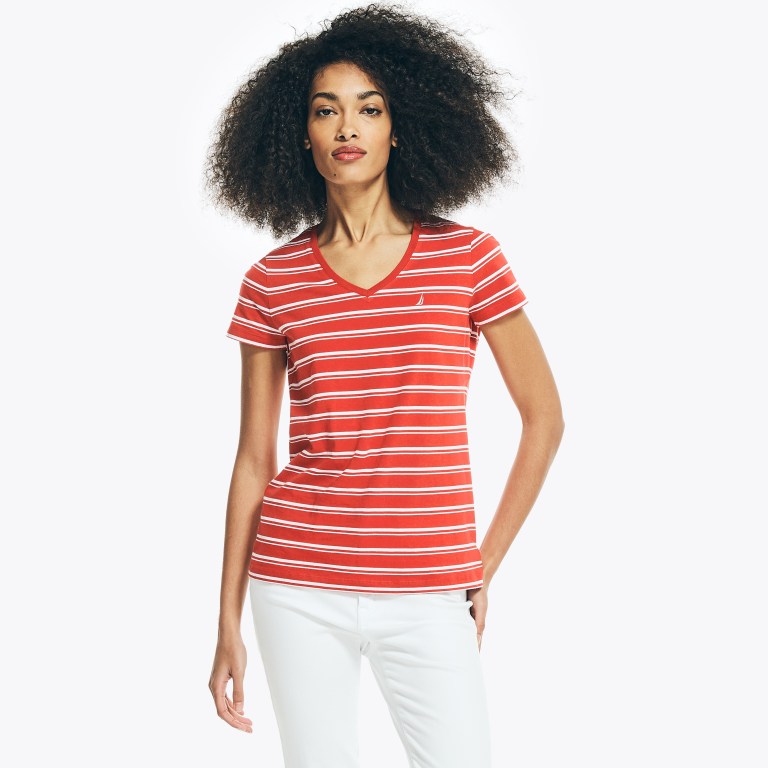 Women\'s Nautica Striped V-neck T Shirts Red | DjR2MzCn