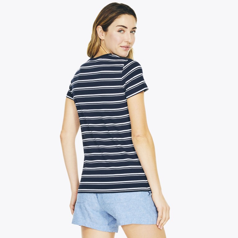 Women's Nautica Striped V-neck T Shirts Blue | LryWFJLD