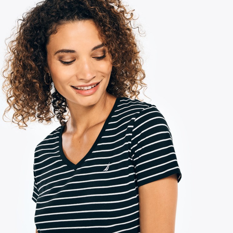 Women's Nautica Striped V-neck T Shirts Black | hU7w8qQz