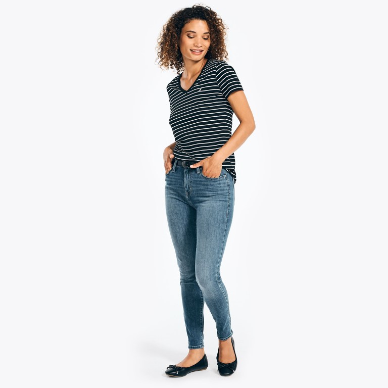 Women's Nautica Striped V-neck T Shirts Black | hU7w8qQz