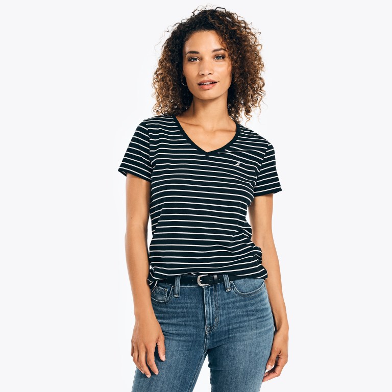 Women\'s Nautica Striped V-neck T Shirts Black | hU7w8qQz