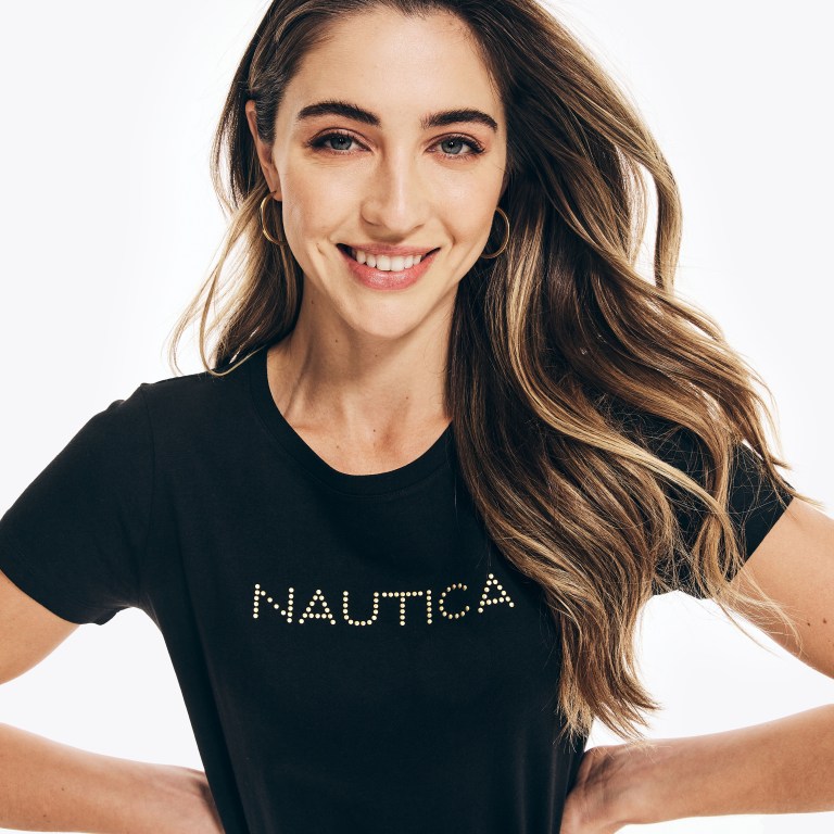 Women's Nautica Studded Logo Crewneck T Shirts Black | JWF9G2Zu