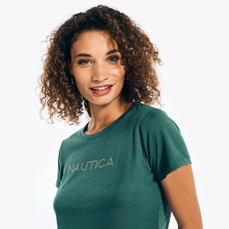 Women's Nautica Studded Logo Crewneck T Shirts Green | OASmUi4s