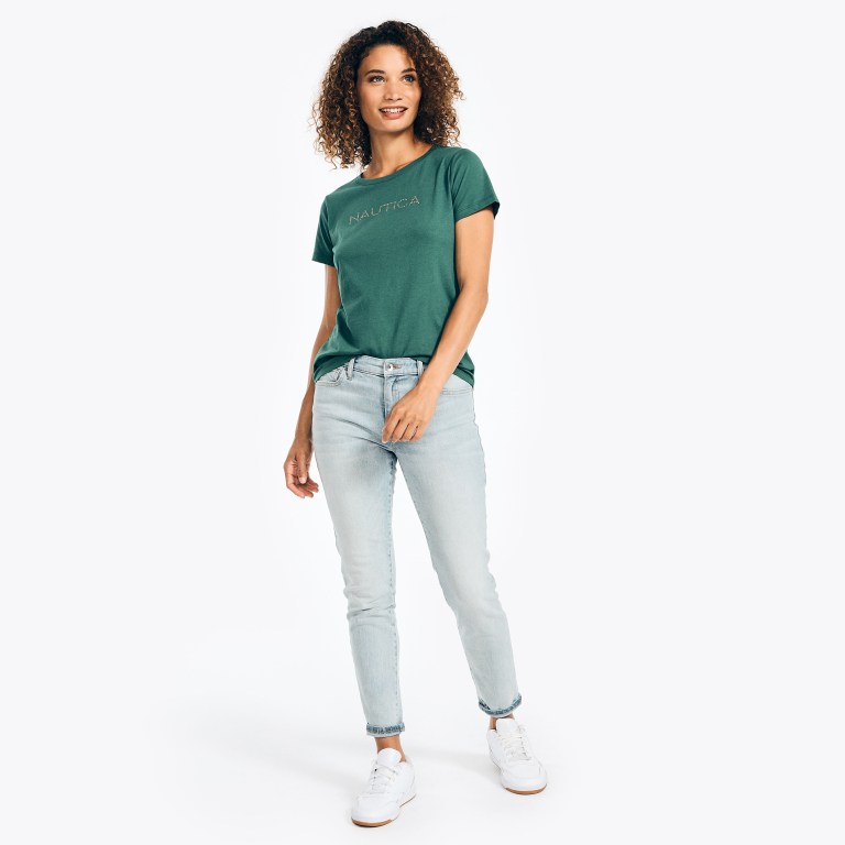 Women's Nautica Studded Logo Crewneck T Shirts Green | OASmUi4s