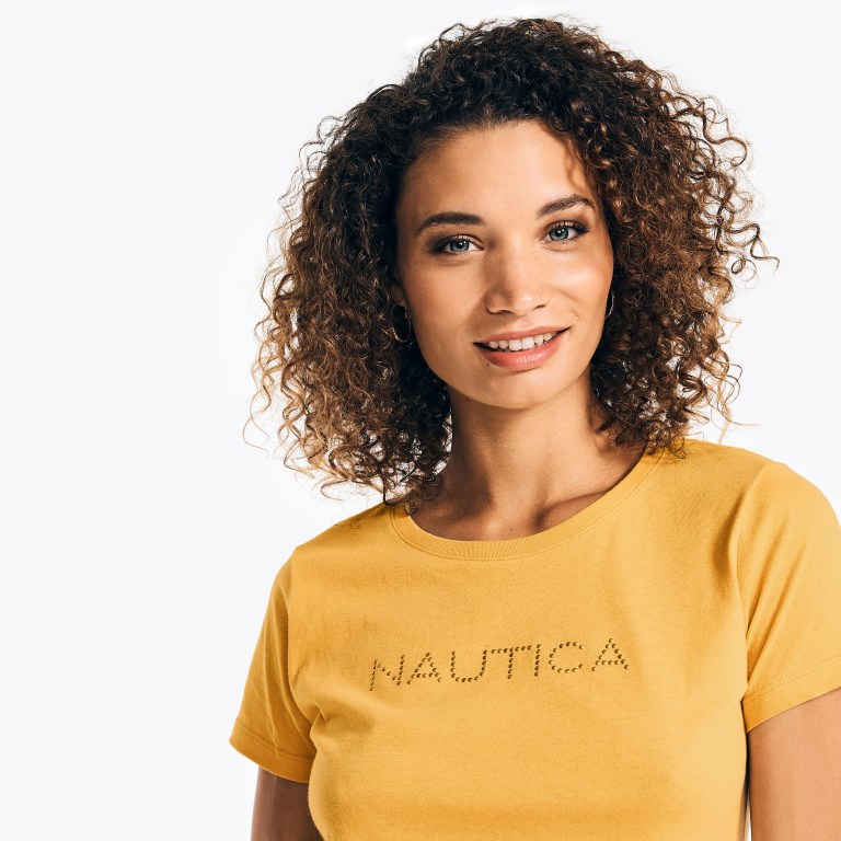 Women's Nautica Studded Logo Crewneck T Shirts Yellow | ofP38g1z