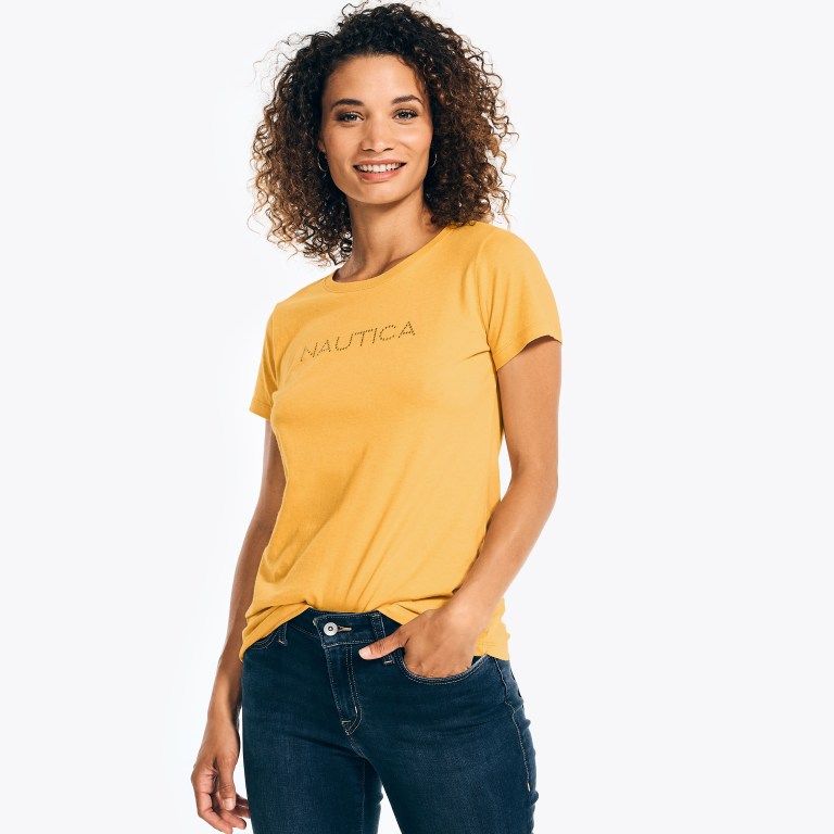 Women\'s Nautica Studded Logo Crewneck T Shirts Yellow | ofP38g1z