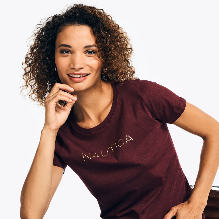 Women's Nautica Studded Logo Crewneck T Shirts Pink | qPLZgK41