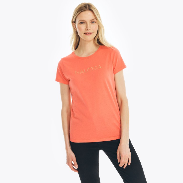 Women's Nautica Studded Logo Crewneck T Shirts Orange | rZKjrV9x