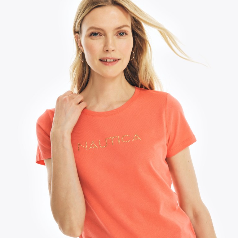 Women\'s Nautica Studded Logo Crewneck T Shirts Orange | rZKjrV9x