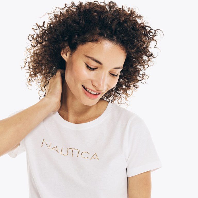 Women's Nautica Studded Logo Crewneck T Shirts White | zMUly4y5