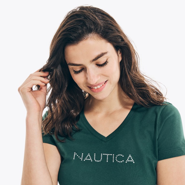 Women's Nautica Studded Logo V-neck T Shirts Multicolor | DwAjXsiK