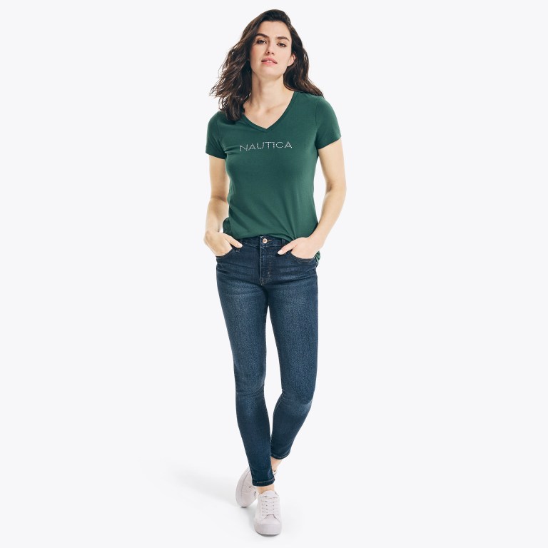 Women's Nautica Studded Logo V-neck T Shirts Multicolor | DwAjXsiK