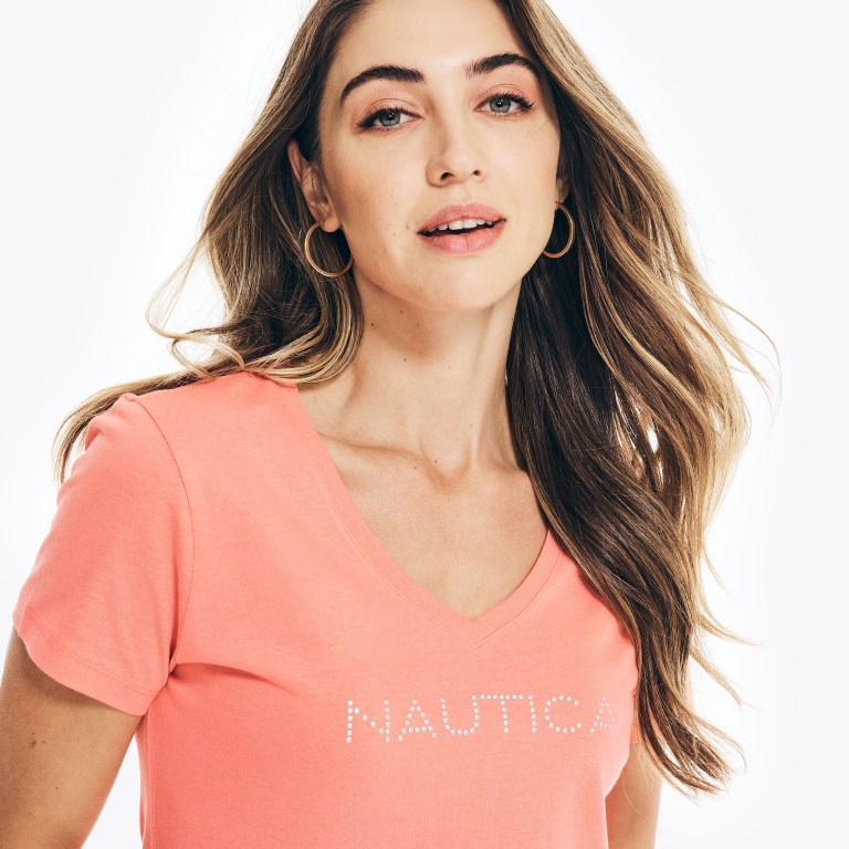 Women's Nautica Studded Logo V-neck T Shirts Coral | TyIXw7zd