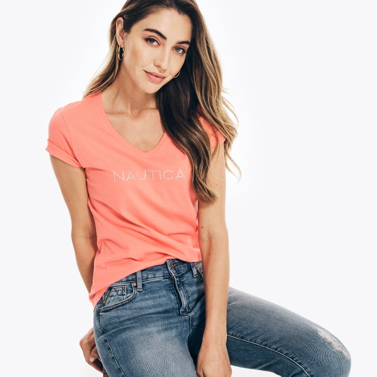 Women's Nautica Studded Logo V-neck T Shirts Coral | TyIXw7zd