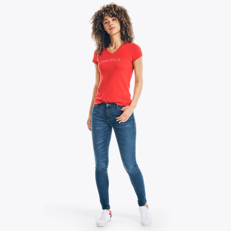 Women's Nautica Studded Logo V-neck T Shirts Red | aHJzzdrM