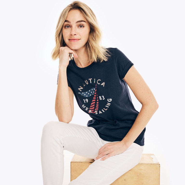 Women's Nautica Sustainably Crafted Americana Graphic T Shirts Blue | oEuxdMBz