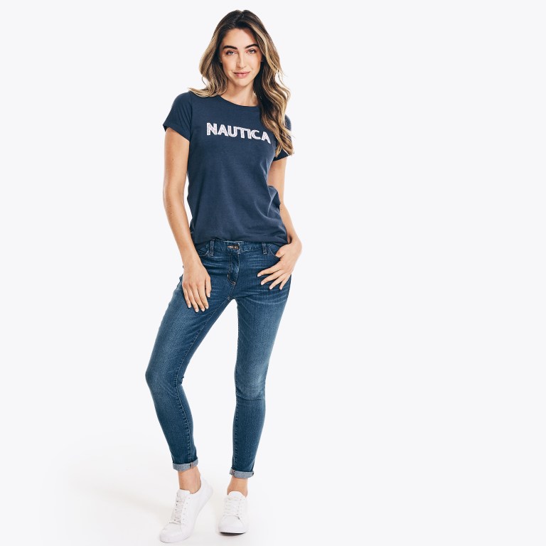 Women's Nautica Sustainably Crafted Embroidered Logo T Shirts Blue | 3b9rMUvk