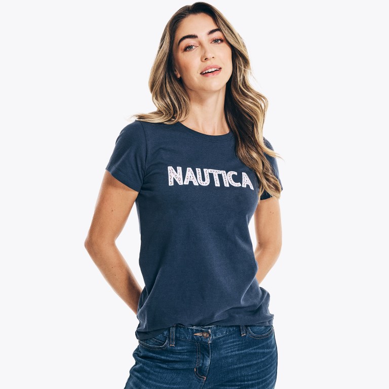 Women\'s Nautica Sustainably Crafted Embroidered Logo T Shirts Blue | 3b9rMUvk