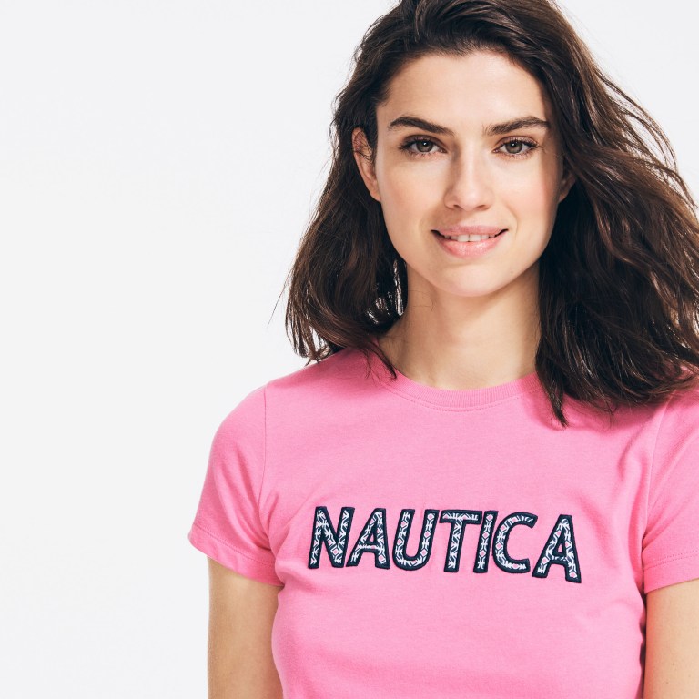 Women's Nautica Sustainably Crafted Embroidered Logo T Shirts Pink | LO4WHDnp