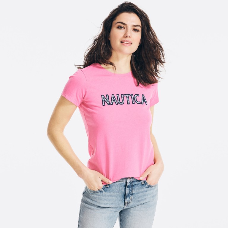 Women\'s Nautica Sustainably Crafted Embroidered Logo T Shirts Pink | LO4WHDnp