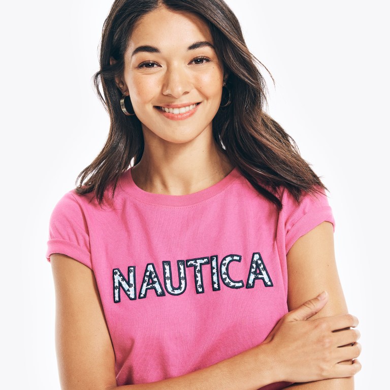 Women's Nautica Sustainably Crafted Embroidered Logo Graphic T Shirts Burgundy | hLDuH6ac