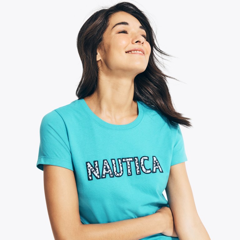 Women's Nautica Sustainably Crafted Embroidered Logo Graphic T Shirts Blue | moKN2EcX