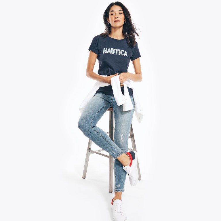 Women's Nautica Sustainably Crafted Embroidered Logo Graphic T Shirts Blue | plnYfat8