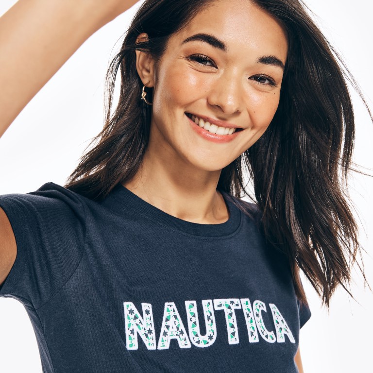 Women's Nautica Sustainably Crafted Embroidered Logo Graphic T Shirts Blue | plnYfat8