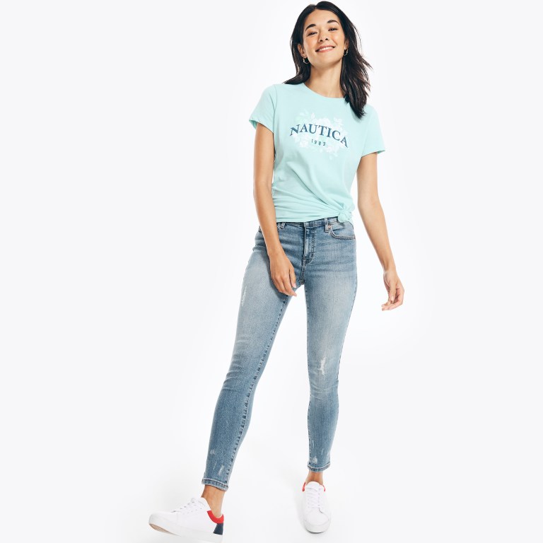 Women's Nautica Sustainably Crafted Embroidered Floral Logo Graphic T Shirts Blue | yjVWS36o