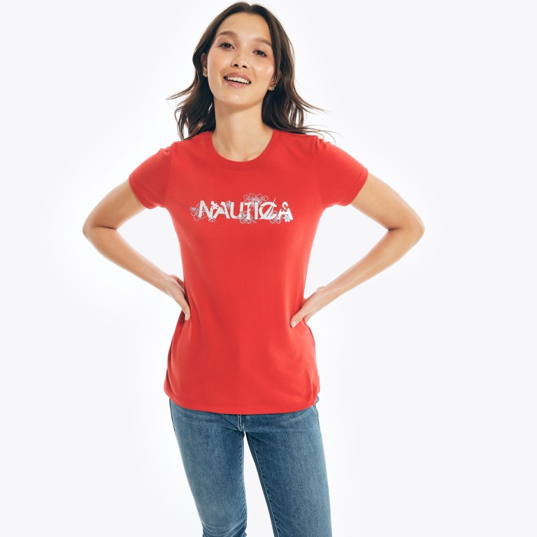 Women's Nautica Sustainably Crafted Floral Foil Logo T Shirts Red | NfMfSW4H