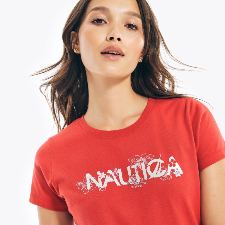 Women's Nautica Sustainably Crafted Floral Foil Logo T Shirts Red | NfMfSW4H