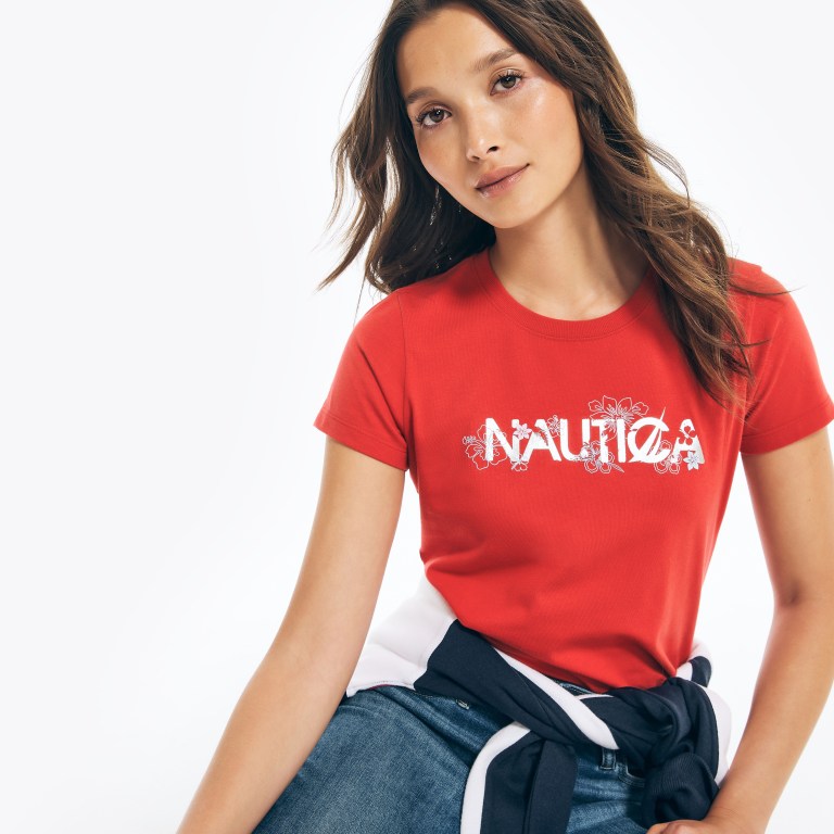 Women\'s Nautica Sustainably Crafted Floral Foil Logo T Shirts Red | NfMfSW4H