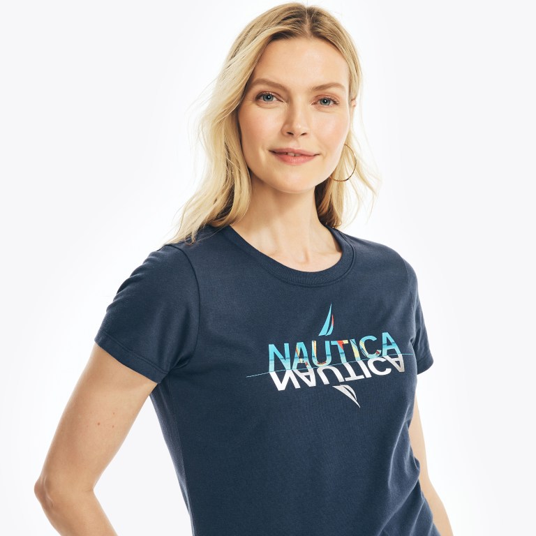 Women's Nautica Sustainably Crafted Foil Logo Graphic T Shirts Blue | 1KBlkuRF