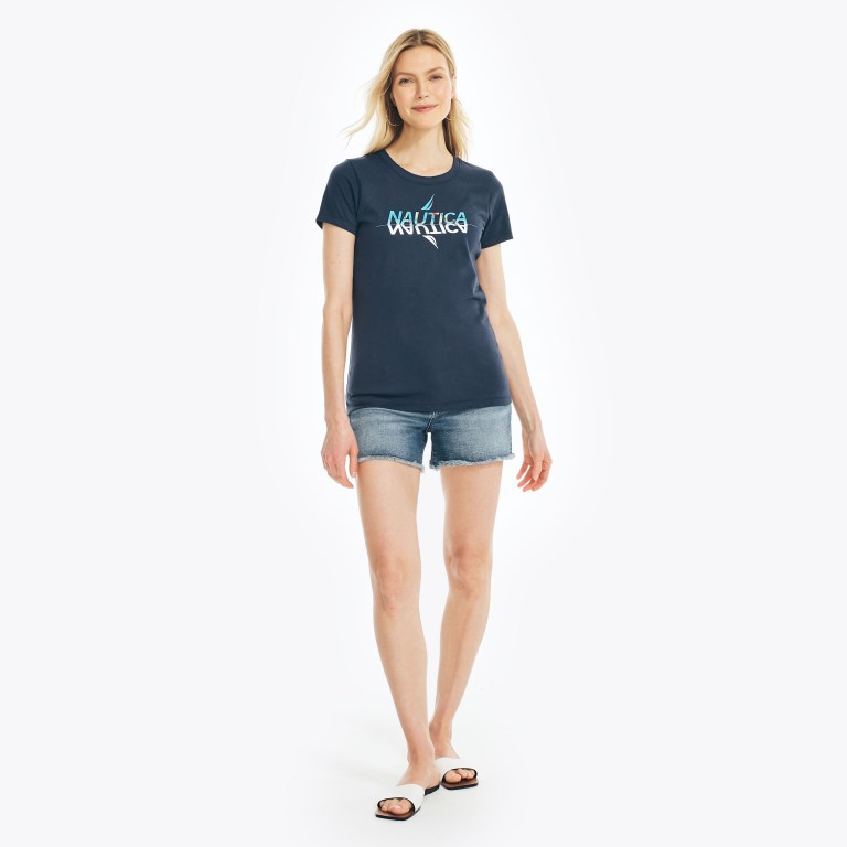 Women's Nautica Sustainably Crafted Foil Logo Graphic T Shirts Blue | 1KBlkuRF