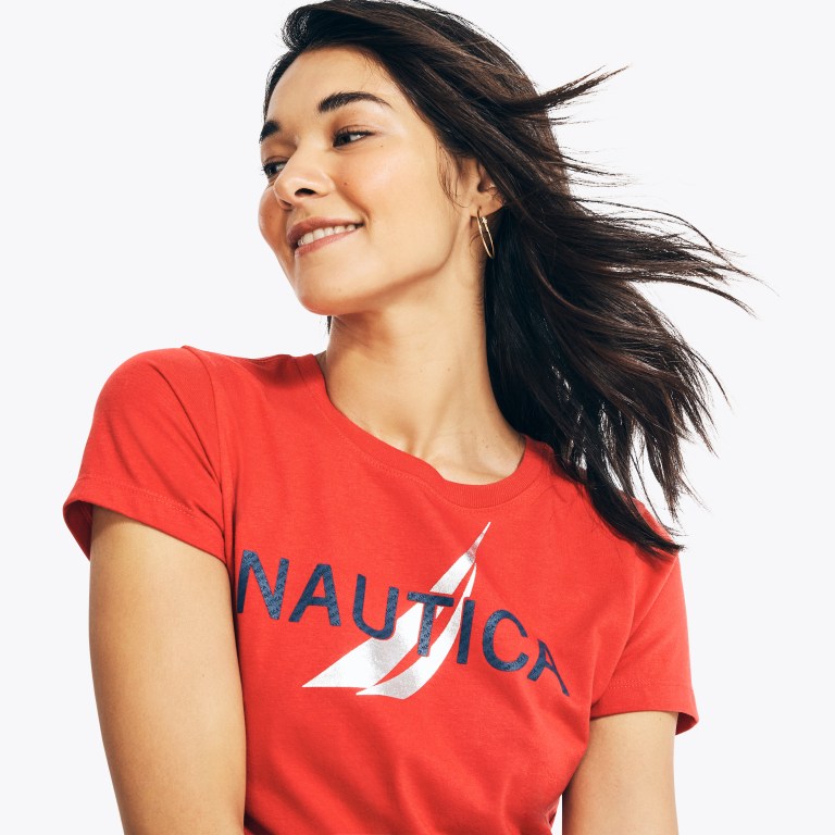 Women's Nautica Sustainably Crafted Foil J-class Graphic T Shirts Red | aTWngRjV