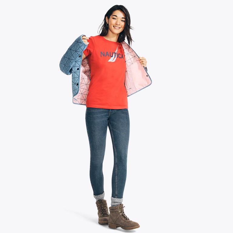 Women's Nautica Sustainably Crafted Foil J-class Graphic T Shirts Red | aTWngRjV