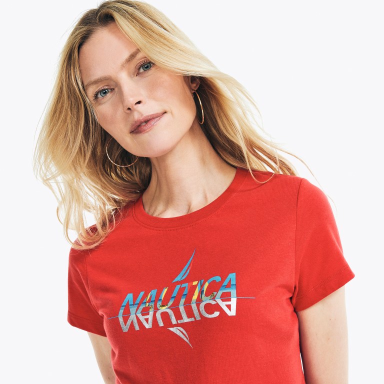 Women's Nautica Sustainably Crafted Foil Logo Graphic T Shirts Red | f5QGFBUt