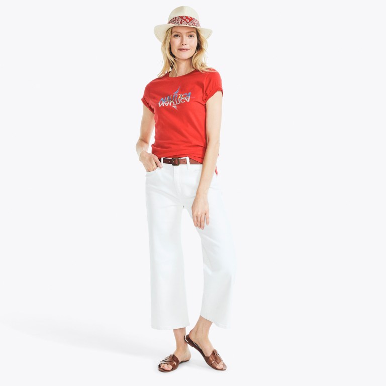 Women's Nautica Sustainably Crafted Foil Logo Graphic T Shirts Red | f5QGFBUt