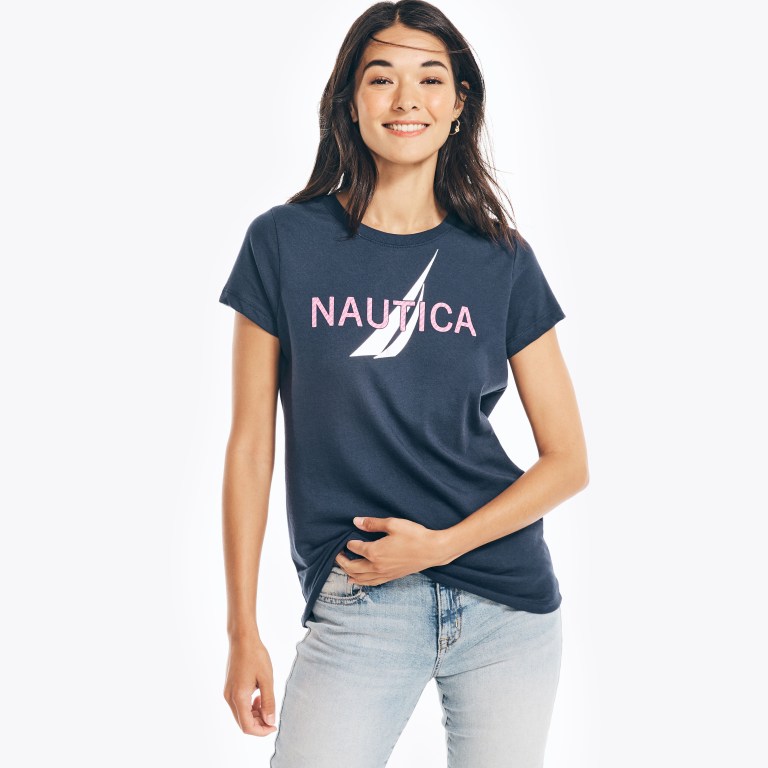 Women's Nautica Sustainably Crafted Foil J-class Graphic T Shirts Blue | ru2EKkq2