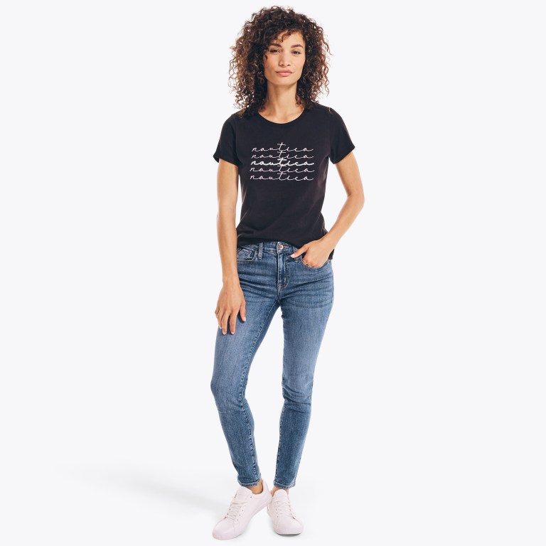 Women's Nautica Sustainably Crafted Glitter Graphic T Shirts Black | KK4K0Zb4