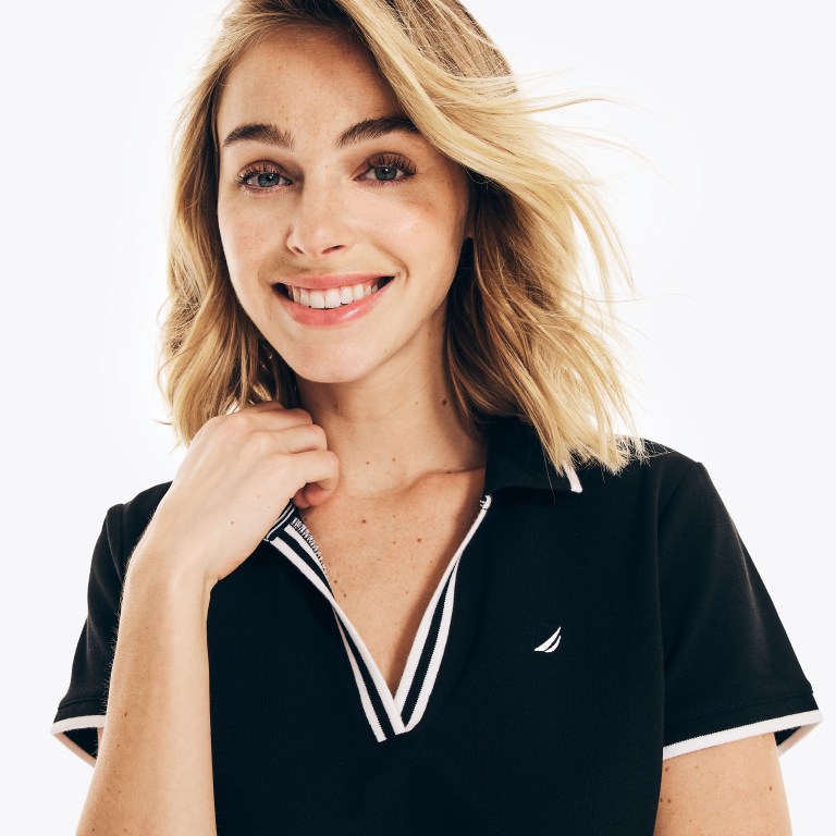 Women's Nautica Sustainably Crafted Ocean Split-neck Polo Shirts Black | 2IPe0kfZ