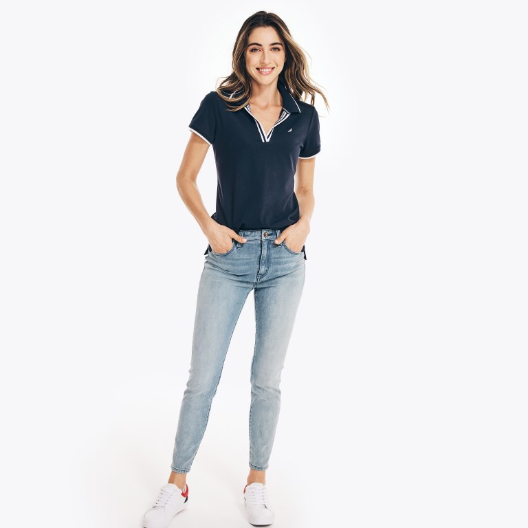 Women's Nautica Sustainably Crafted Ocean Split-neck Polo Shirts Blue | 6ao0ET3M