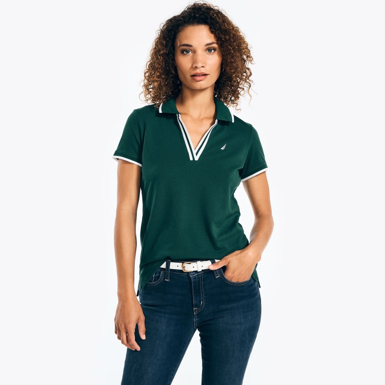 Women\'s Nautica Sustainably Crafted Ocean Split-neck Polo Shirts Green | 9oH9EPNW