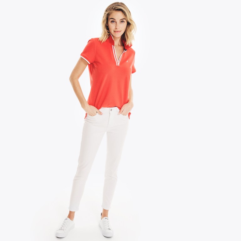 Women's Nautica Sustainably Crafted Ocean Split-neck Polo Shirts Orange | FVTAD5NB