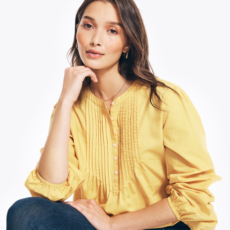 Women's Nautica Sustainably Crafted Pintuck Popover Tops Yellow | 4oSypbey