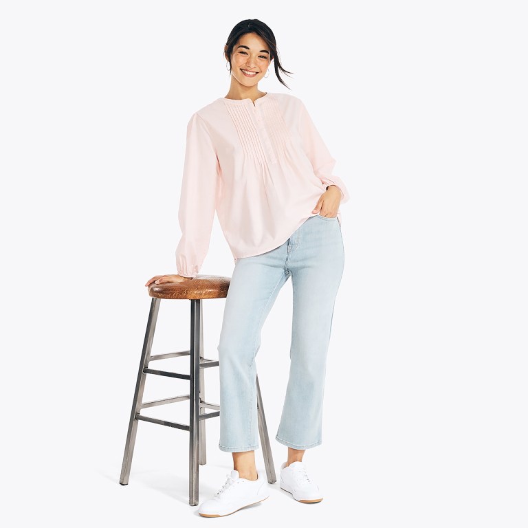 Women's Nautica Sustainably Crafted Pintuck Popover Tops Multicolor Pink | bjir9npw