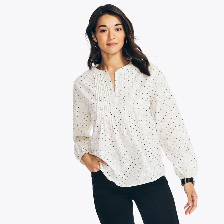 Women\'s Nautica Sustainably Crafted Printed Pintuck Popover Tops White | oqmNaY7D